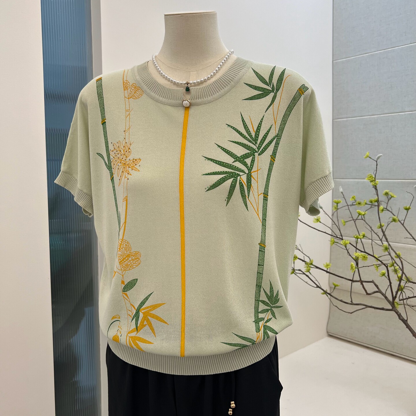 夏天时尚妈妈装针织衫短袖印花圆领套头宽松中老年t恤薄款上衣女