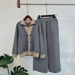 中年妈妈装秋季两件套针织衫毛衣翻领假两件上衣拉链时尚春秋套装