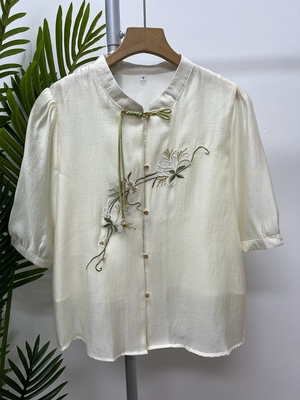 夏季薄款国风仿真丝刺绣妈妈装