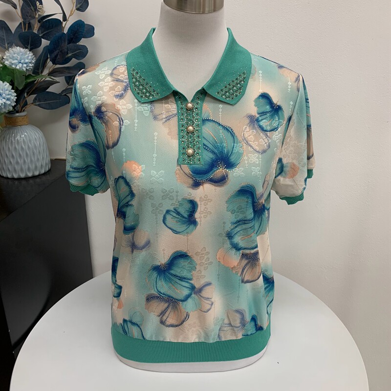 夏季薄款翻领中老年奶奶女装T恤短袖宽松套头花色短款妈妈装上衣