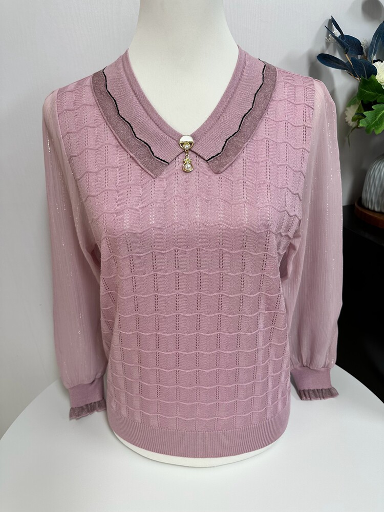 秋季新品薄款妈妈装翻领宽松套头针织衫纱袖长袖中老年春天上衣女