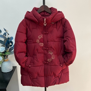 中老年冬季羽绒刺绣棉服加厚保暖连帽奶奶外套老太太棉袄妈妈上衣