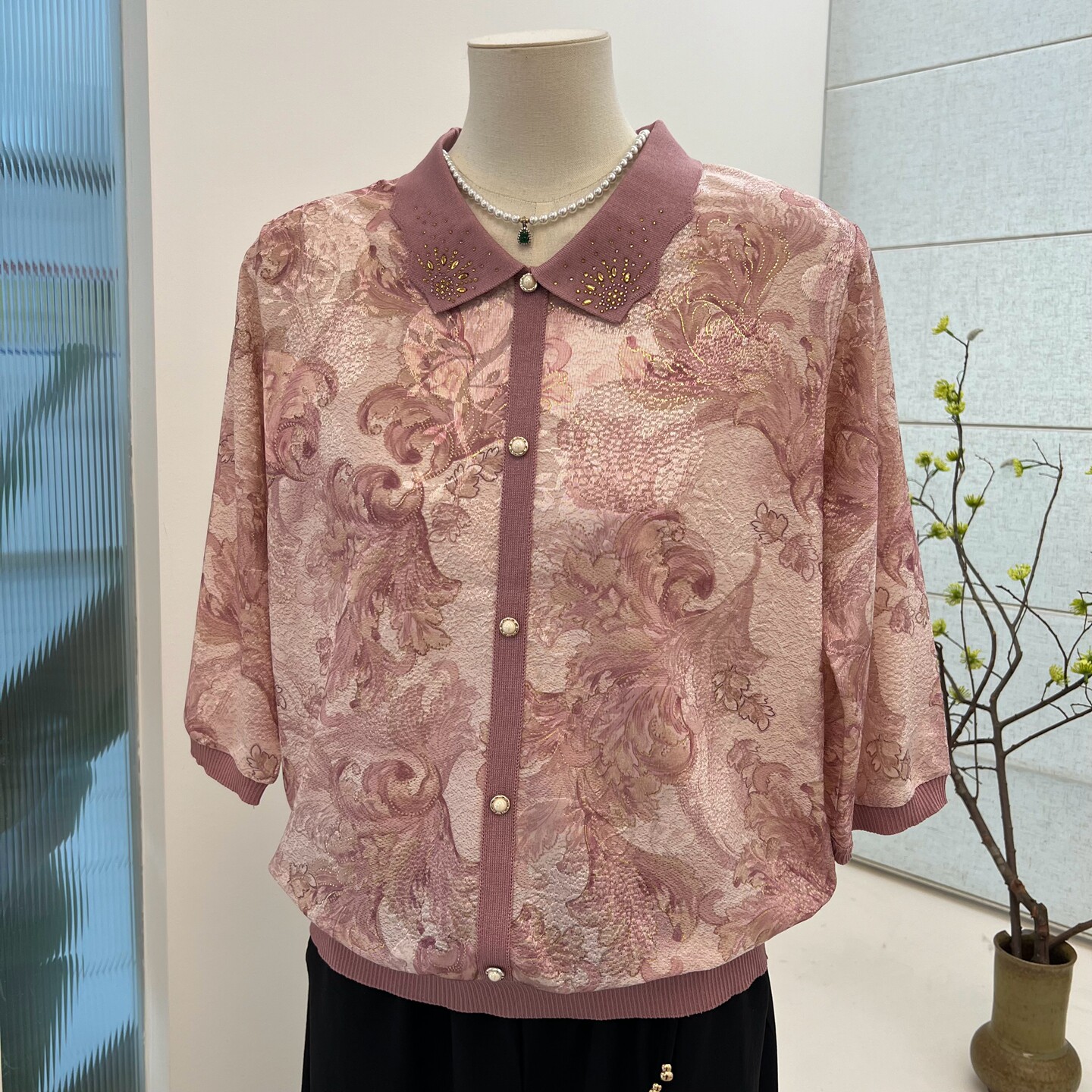 妈妈装春秋t恤花色宽松翻领套头