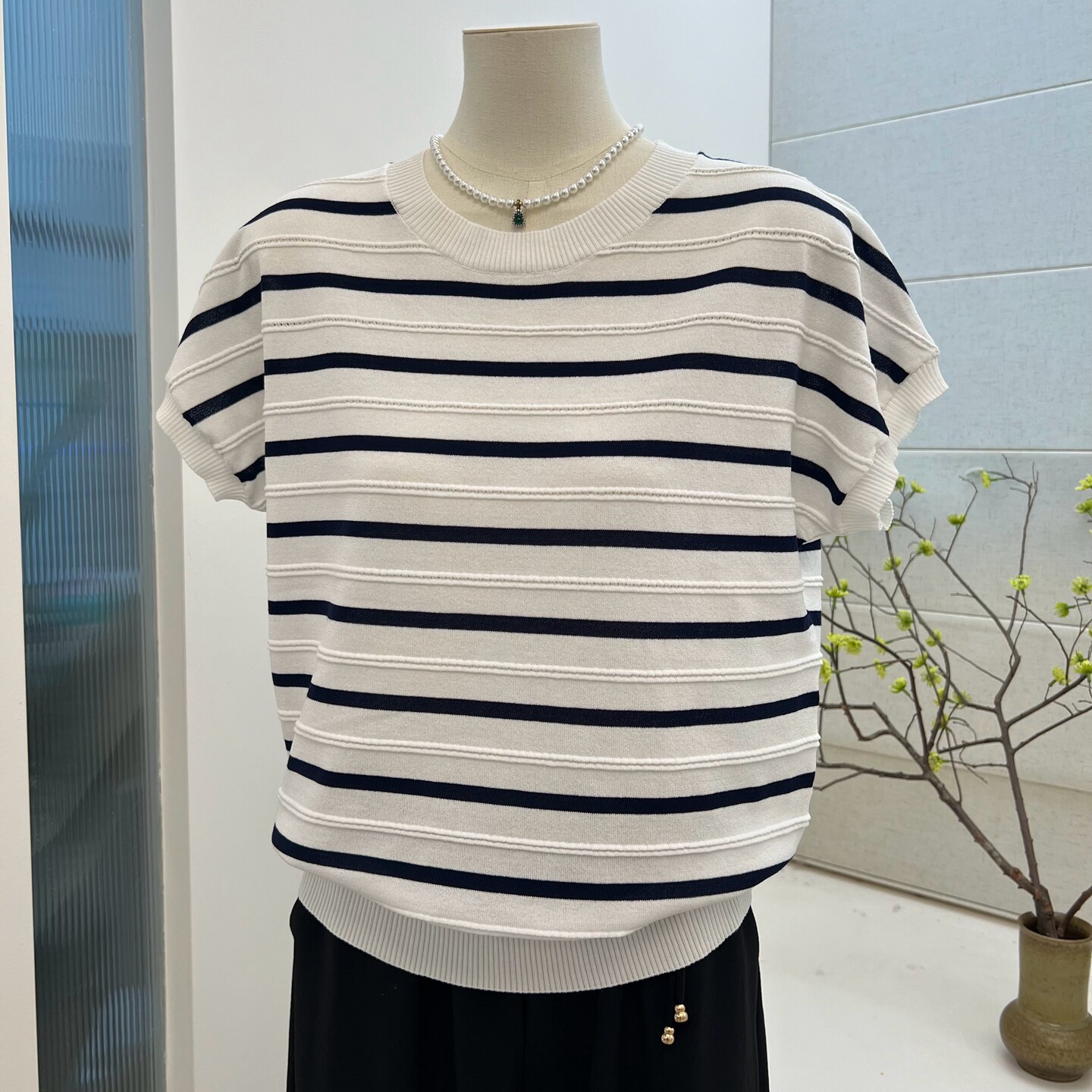 妈妈装夏季薄冰丝条纹针织衫圆领