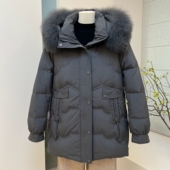 保暖羽绒服宽松拉链连帽狐狸毛领中长款 冬季 保暖中老年妈妈装 上衣