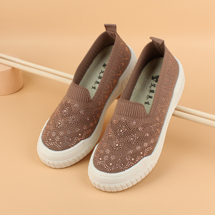 中老年妈妈休闲单鞋 软底一脚蹬懒人鞋 女 低帮飞织水钻女鞋 2026春款