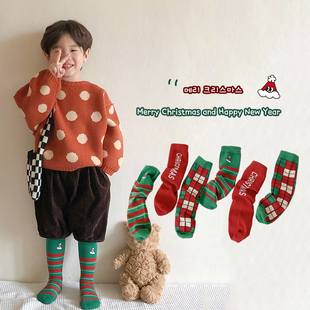 儿童大红色新年袜子宝宝中长筒纯棉圣诞袜秋冬季男童女童高筒潮袜