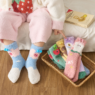 男宝宝卡通可爱珊瑚绒袜子儿童冬天加绒睡眠袜女童居家加厚地板袜