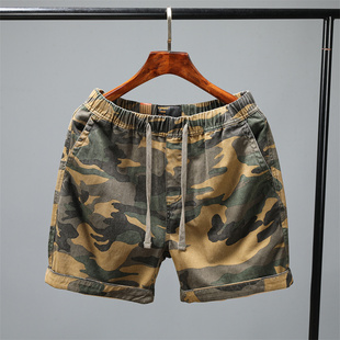 夏季美式复古做旧慢跑短裤 纯棉宽松三分裤运动跑步迷彩收腰抽绳