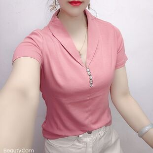 2023年新款夏季时尚体血短袖T恤女装气质百搭v领上衣小衫夏装