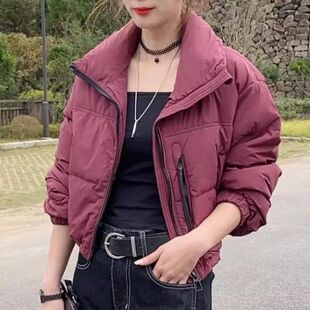 韩版立领羽绒服外套女2025冬季新款休闲百搭白鸭绒抽绳面包服上衣