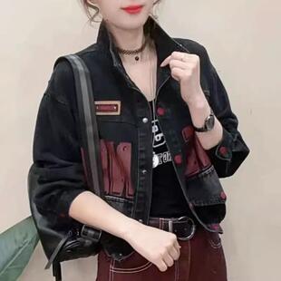 立领气质牛仔外套女2025春秋款休闲字母印花韩版宽松百搭短款上衣