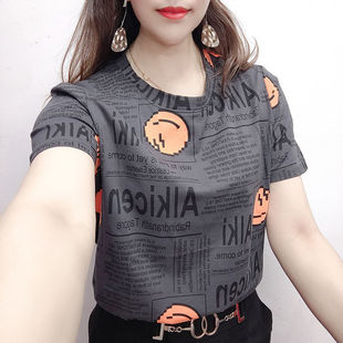 夏季新款短袖纯棉t恤印花字母圆领拼接小衫上衣ins风舒适大码女装