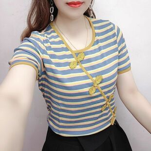网红超火夏季条纹斜领短袖t恤女民族风盘扣大码修身显瘦洋气体恤