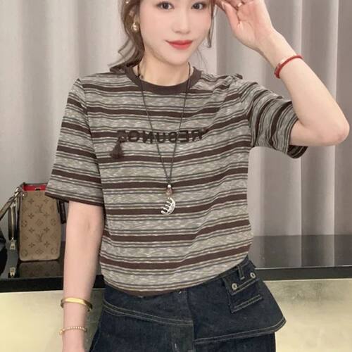 欧洲站复古圆领条纹短袖字母正肩T恤女2026秋季爆款休闲显瘦上衣t