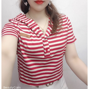 欧货t恤女2026夏季新款休闲条纹短袖体恤衫百搭显瘦连帽纯棉上衣T