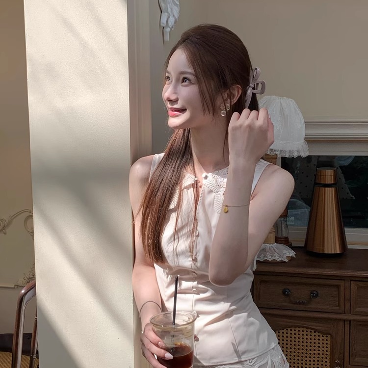 冷白皮Wcouture原创新品蕾丝定制染色拼接收腰衬衫款无袖背心上衣