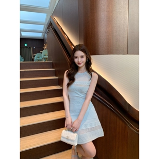 连衣短裙 沙漏身材显瘦无袖 蓝精灵Wcouture原创 塑形透明镂空拼接