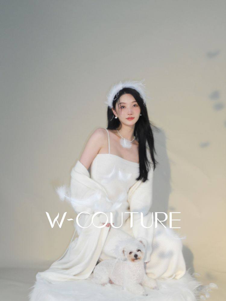 北海道恋人wcouture秋冬款 兔绒针织宽松外套抹胸连衣裙套装