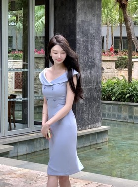 播音系Wcouture原创 优雅气质 天蓝色沙漏型修身挂肩包臀连衣长裙