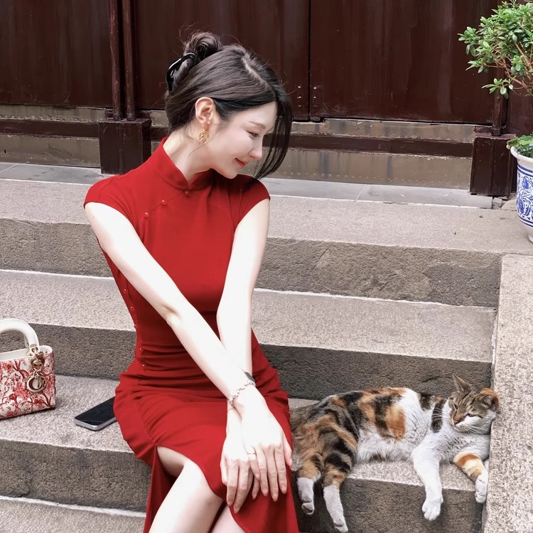 掌上花Wcouture新中式 红白双色塑形大弹力遮肉改良旗袍连衣裙