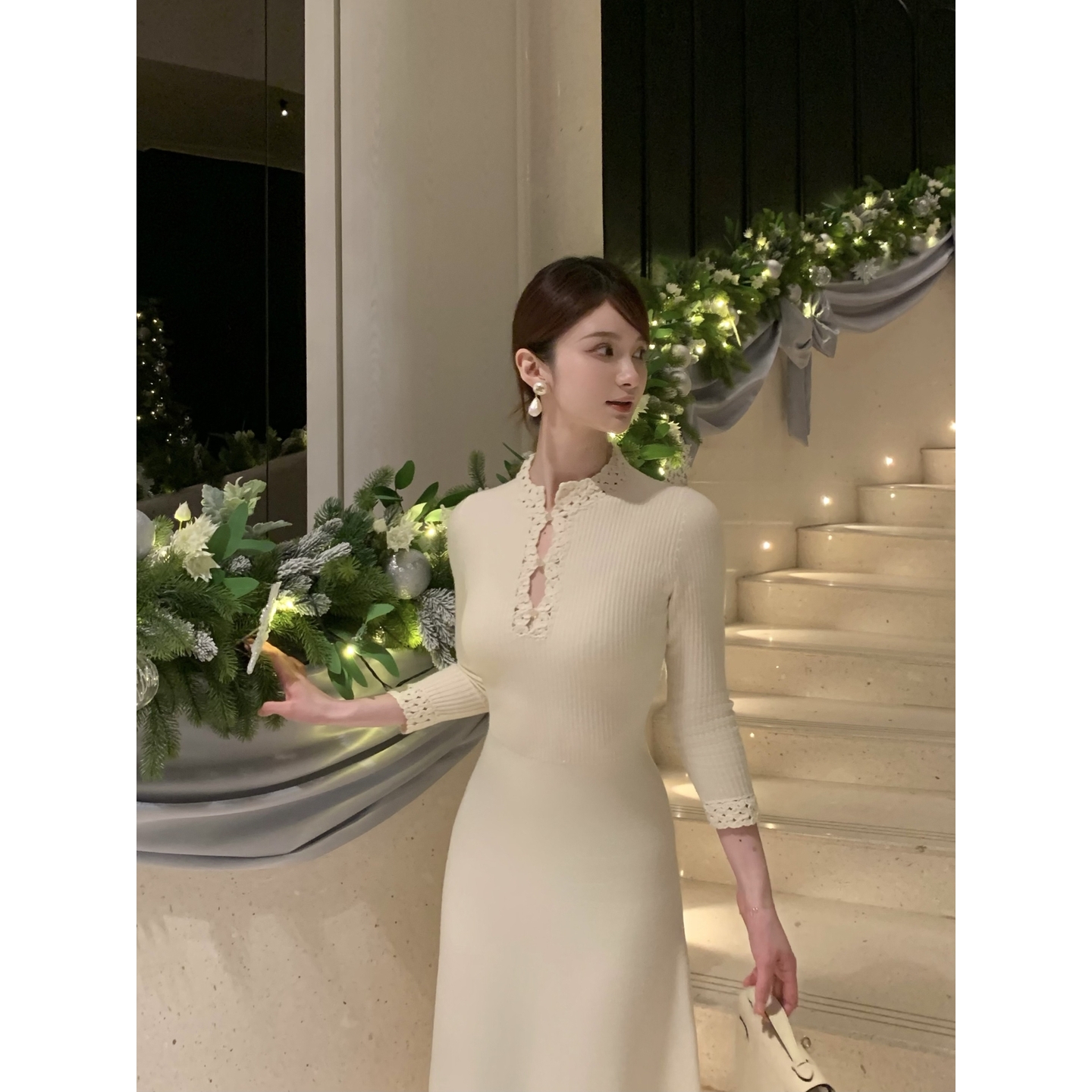 虞美人Wcouture原创新中式 手工钩花羊毛针织显瘦大裙摆连衣裙