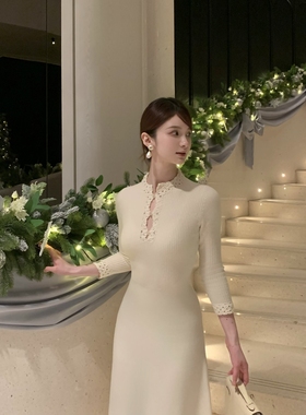 虞美人Wcouture原创新中式 手工钩花羊毛针织显瘦大裙摆连衣裙