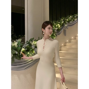 虞美人Wcouture原创新中式 手工钩花羊毛针织显瘦大裙摆连衣裙