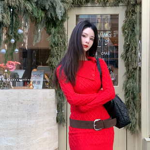 城南旧事Wcouture原创新品 复古风大领口 绞花羊毛针织连衣短裙