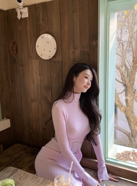 一吻定情Wcouture原创 气质感高领收腰显瘦 精纺羊毛针织连衣长裙