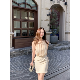 圆盘月Wcouture原创新品 沙漏型 假两件收腰包臀挂脖无袖连衣短裙