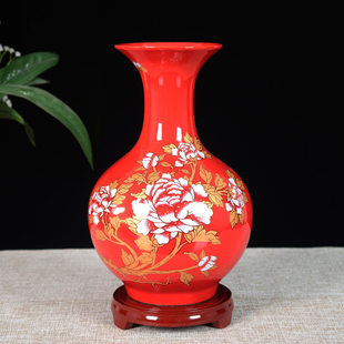 饰品客厅插干花工艺品 景德镇陶瓷器中国红花瓶摆件中式 家居酒柜装