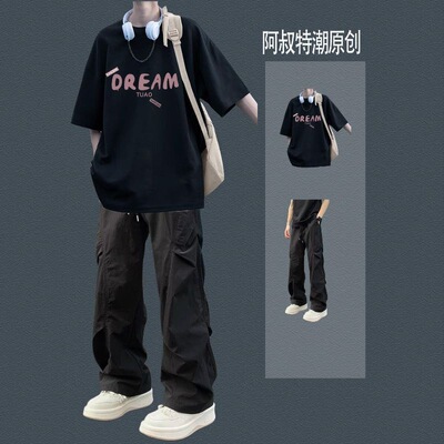 夏季男生清爽短袖T恤两件套