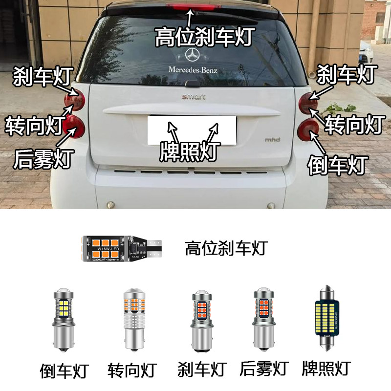适用斯玛特Smart451改装LED刹车灯倒车灯牌照后雾灯转向灯泡后尾