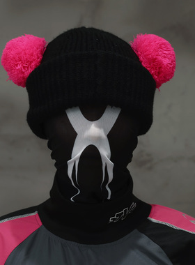 ＜RTVG＞RETROVEGAS国潮牌时尚潮流男女秋冬毛球黑色针织面罩线帽