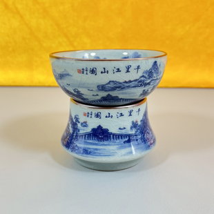 景德镇陶瓷茶漏千里江山图茶具青花山水高温釉下彩老陶泥开片茶滤