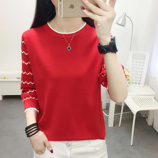 2025夏季新款宽松冰丝七分条纹中袖针织T恤女圆领镂空打底衫上衣