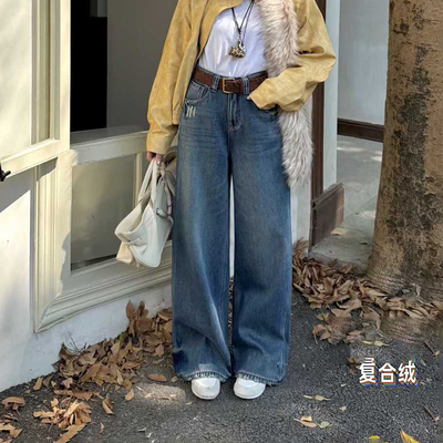 爆犀牛~加绒黑色阔腿牛仔裤显瘦