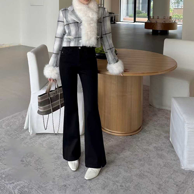 爆犀牛微喇牛仔裤黑色加绒喇叭裤