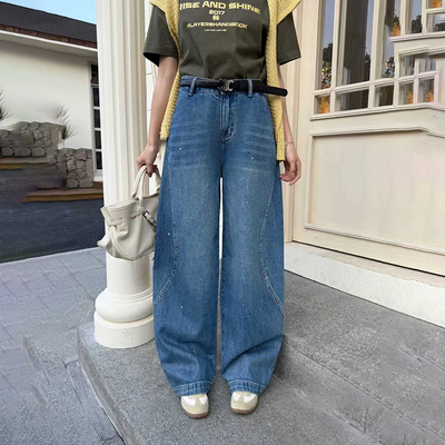 爆犀牛~弯刀阔腿牛仔裤显瘦长裤