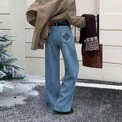 国风刺绣加绒冬季阔腿牛仔裤垂感