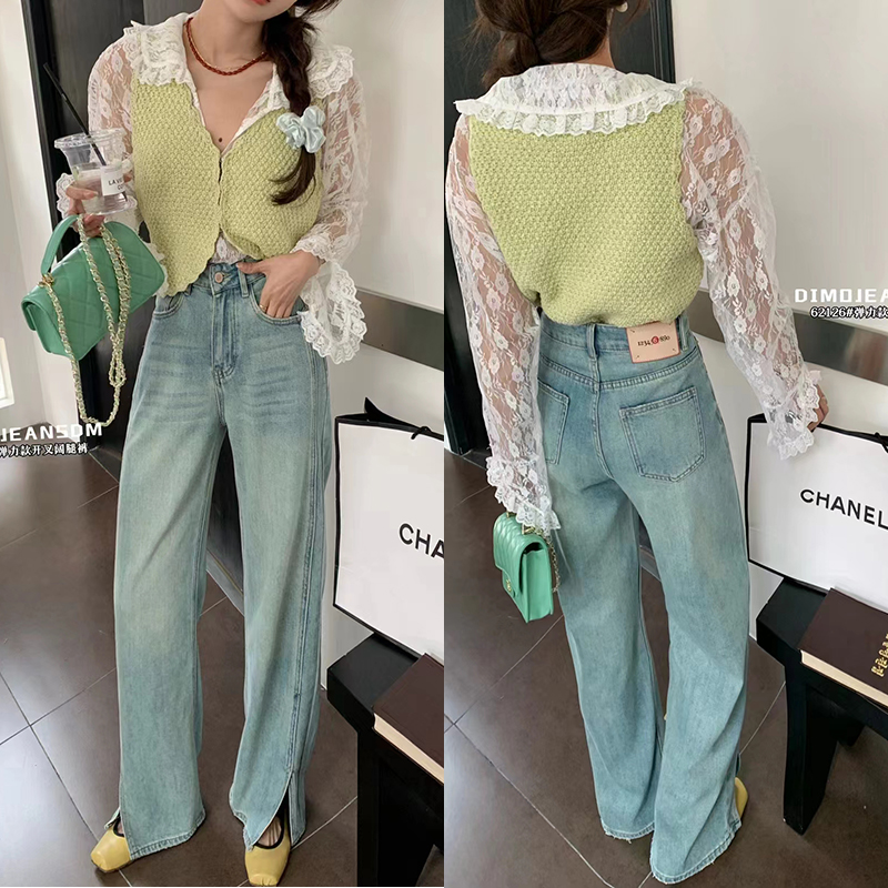 DIMO~窄版阔腿开叉牛仔裤显瘦