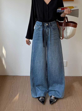 爆犀牛2026春新款欧货重工烫钻垂感阔腿牛仔裤女宽松显瘦直筒长裤