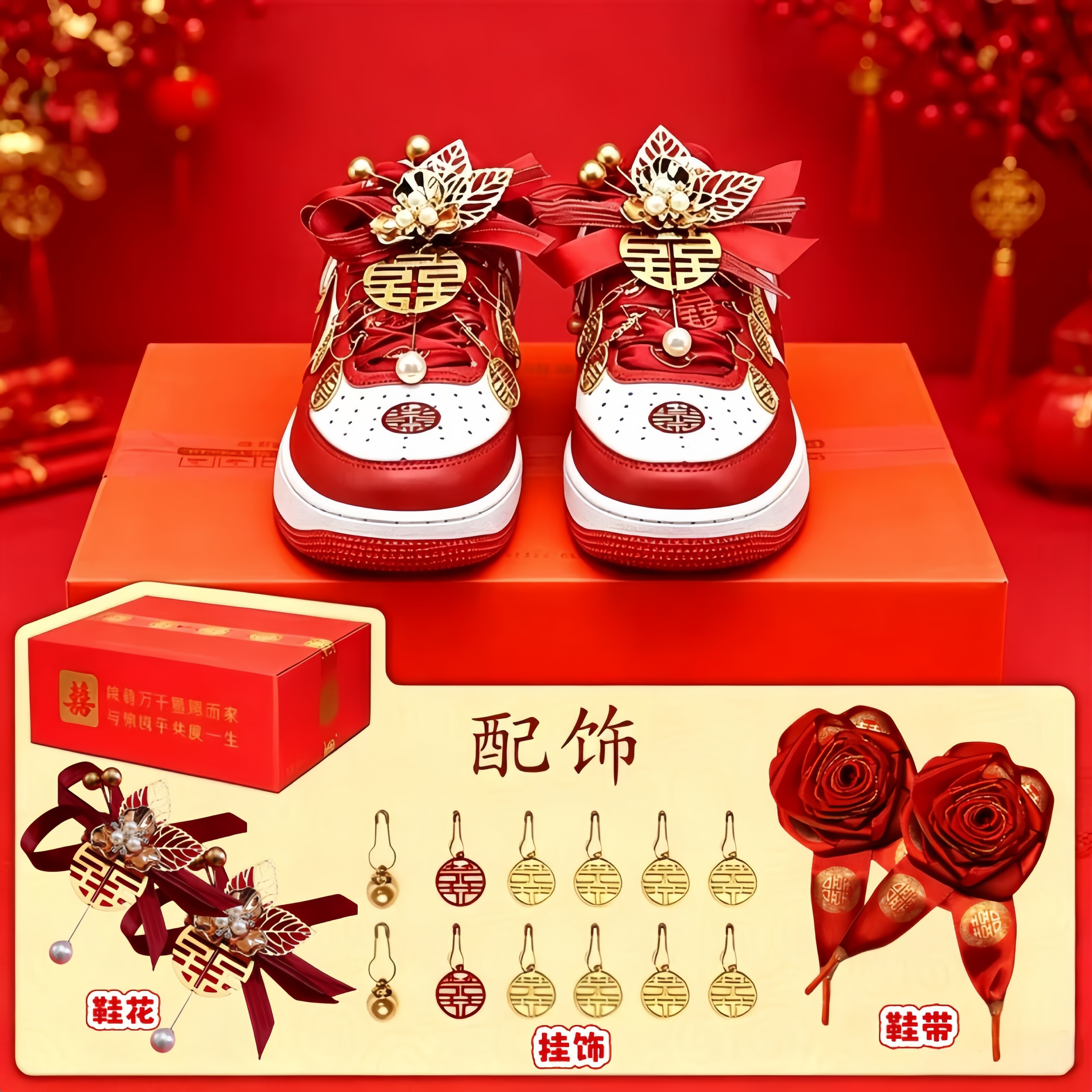 中式新郎新娘鞋订婚结婚鞋禾秀婚纱两穿红色情侣款内增高厚底板鞋图片