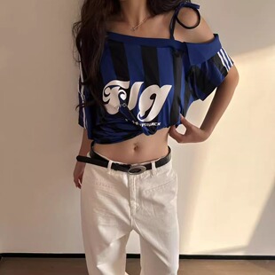 Lagom美式复古运动条纹露肩球衣T恤女夏季新款宽松休闲百搭