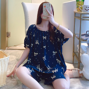 睡衣女夏绵绸宽松薄款甜美清新学生少女睡衣短袖人造棉绸两件套装