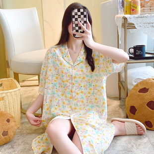 新款睡裙女夏人造棉绸宽松衬衫裙连体睡衣短袖绵绸开衫家居服大码