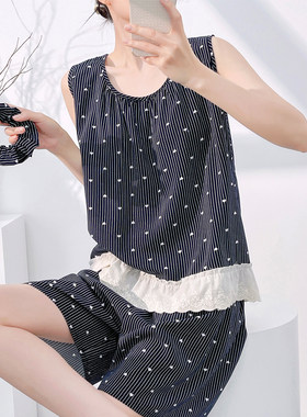 棉绸薄款背心套装韩版女士家居服防凸点休闲条纹人造棉夏季带胸垫