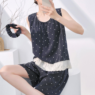 棉绸薄款背心套装韩版女士家居服防凸点休闲条纹人造棉夏季带胸垫