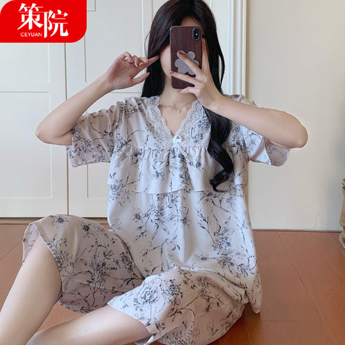 夏季棉绸宽松大码短袖家居服套装